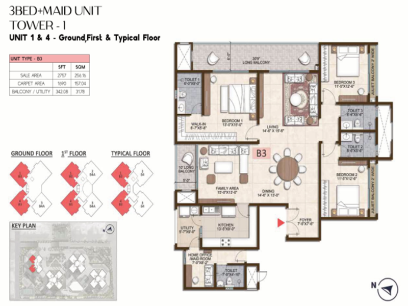 Prestige Pine Forest 3 BHK Floor Plan